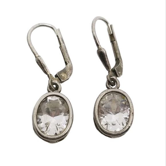 VINTAGE STERLING SILVER & BEZEL SET CZ DROP STYLE EARRINGS - Picture 1 of 6